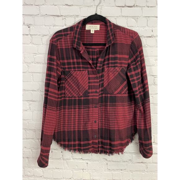 cloth & stone Tops - Cloth & Stone Red Black L/S Plaid Button Front Fray Raw Hem Blouse size Small
